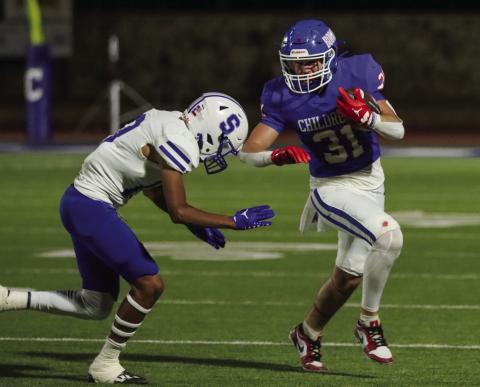 Childress’ Crewz Keys dodges a Stratford Elk Friday, Oct. 4 at Fair Park Stadium. Photo by Childress High School Yearbook Staff