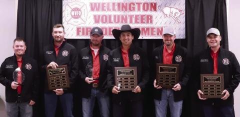 Members of the Wellington Volunteer Fire Department accept special awards at the recent banquet. Henry Wiebe, left, 20-Year Award; Colby Henard, “Kicking Ass” Award; Korn Wiebe, 20-Year Award; Kollin Kemp, Fireman of the Year; Dennis Peters, “Workhorse” Award; and Matt Wynn, “Brotherhood” Award. Molly Sims Photography