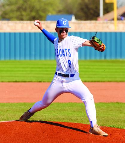 Childress’ Drake Rabe pitches in a 12-8 loss to the Bushland Falcons Friday, March 28. Childress High School Yearbook Staff