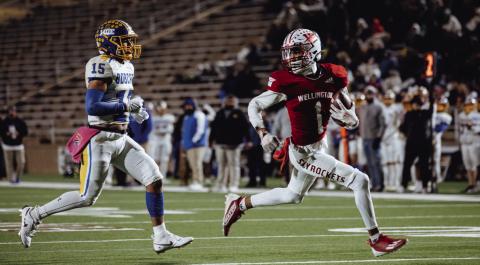 Wellington’s Brendan Garcia races to the endzone for a touchdown reception against Sunray on Friday night, Nov. 24. Press Pass Sports/Elisa Chavez