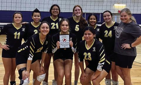 The varsity Memphis Lady Cyclone volleyball team comes in second place at the recent Vernon Tournament Saturday, Sept. 10, going 3-1 overall. Back row, from left: Haydin Martin, Corrina Torres, Jene Smith, Ava Arant, Serena Aguilar, Kali Murphy, Coach Jena Yarbrough. Front row, from left: Audrey Chavera, Macaela Graham, Noemi Martinez. Photo Courtesy of Memphis ISD