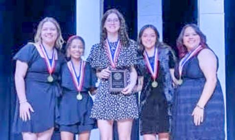 Wellington High School’s “Little Women” crew accepts the Best Overall Crew Award following the Wednesday, March 11 District 2-2A One Act Play Competition. From left: Rylyn Colson, Kobee Lewis, Autumn Shatswell, Ingrid Granadoz, Anna Granadoz. Wellington High School