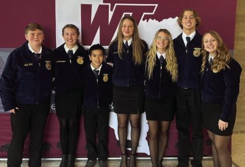 The Wellington Opening and Closing Ceremonies team, consisting of seven freshmen, competed at the Area 1 FFA Leadership Development Events (LDEs) competition Saturday, Nov. 18 at West Texas A&amp;M University, located in Canyon. Coached by Wellington FFA Adviser Drew Taylor, the young team took sixth place. From left: Jace Darrow, Elli Ouellette, Dahmian Salinas, Ellie Thomas, Maggie Tillman, Jake Chandler, Allie Duncan. Courtesy Photo