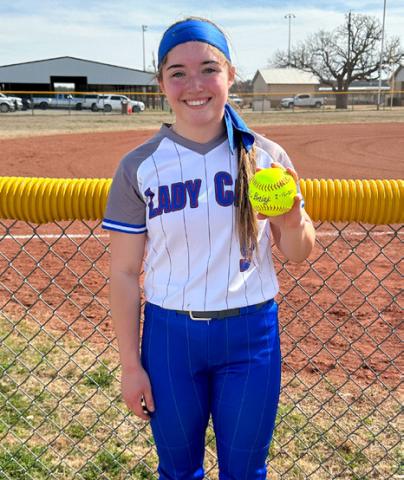 Addi Baize hits the first home run of the season Thursday, Feb. 15, as the Lady Cats took down the Olney Lady Cubs during the Tigerette Classic in Jacksboro.
