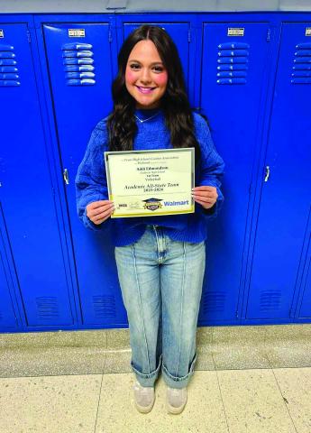 Childress High School senior Addi Edmondson was recently selected to the 2025-2026 Texas High School Coaches Association Academic All-State Volleyball First Team. To be selected, students must be an athlete, student trainer or manager in good standing with the team; of good moral character; a senior; and have an overall grade point average of 92 or above. Childress Bobcat and Lady Cat Sports
