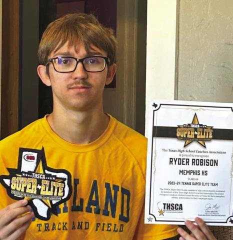 Ryder Robison, a 2024 graduate of Memphis High School, recently received a Texas High School Coaches Association Super Elite patch, along with certification, for being named to the 2023-2024 Class 2A Tennis Super Elite Team. Robison is currently a freshman at Wayland Baptist University, where he competes in cross country. Courtesy Photo