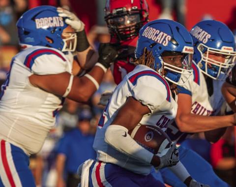 Childress running back Kobe Sims looks for running room against the Frederick Bombers Friday, Sept. 13 at Bomber Bowl in Frederick, Okla. Press Pass Sports/Nicole Dill