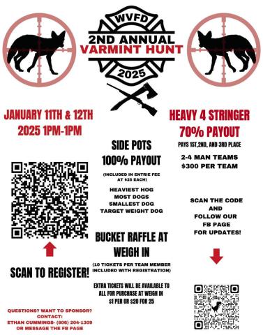 Wellington Volunteer Fire Department slates varmint hunt,bucket raffle fundraisers