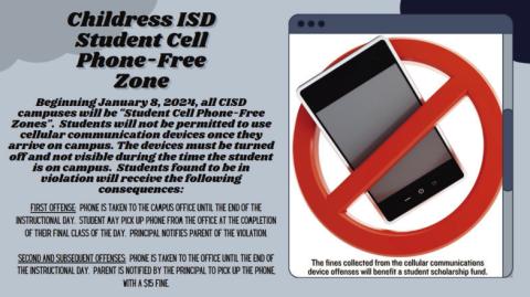 Beginning Monday, Jan. 8, all Childress Independent School District (ISD) campuses will be “student cellphone-free zones,” areas where the use of student cellphones will be prohibited. Graphic Courtesy of Childress ISD
