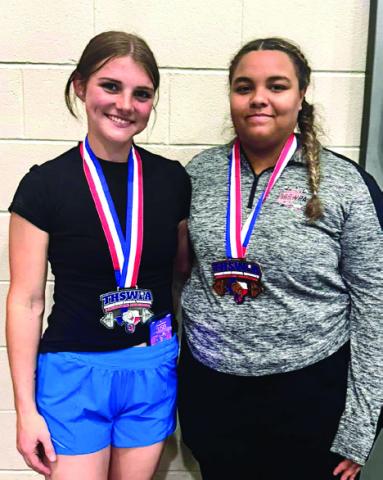 Childress’ Brinley Stone and Rebekkah Gorman qualify for the upcoming Texas High School Women’s Powerlifting Association State Championships. Stone finished second in weight class 132 to qualify, while Gorman, a state alternate, finished third in weight class 242+. Courtesy Photos