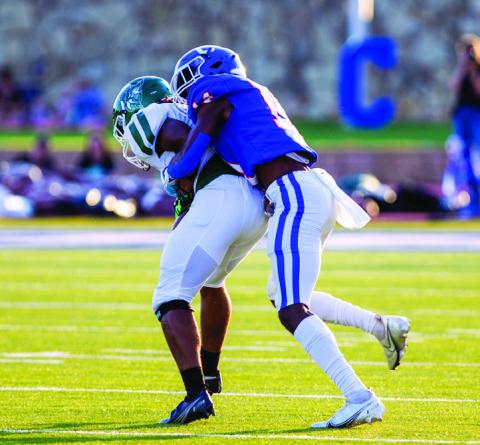 Childress’ Lamont Nickleberry (14) brings down a Breckenridge player during the Friday night, Sept. 2 homecoming matchup at Fair Park Stadium. The Red River Sun/Nicole Dill