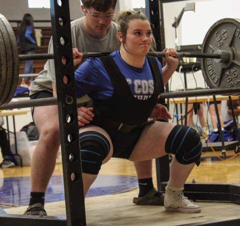 Childress’ Kaidie Hackler takes gold in weight class 198 with a total of 915 pounds, squatting 345 pounds, benching 225 pounds and deadlifting 345 pounds at the recent Childress Girls Powerlifting Invitational. The Red River Sun/Elizabeth Tanner