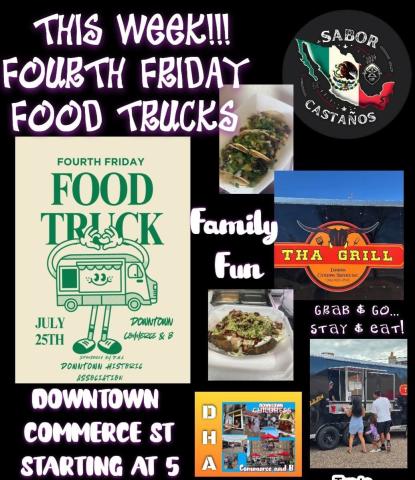 Fourth Friday Food Trucks will welcome Sabor Castaños and Tha Grill at 5 p.m. today, Friday, July 25 at the corner lot of Commerce St. and Ave. B NW. Fourth Friday Food Trucks