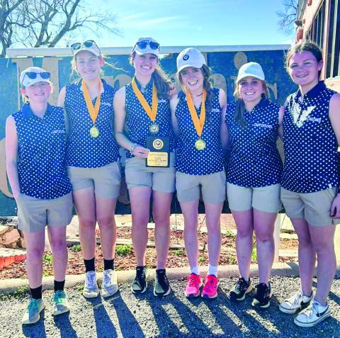 The Memphis Lady Cyclones cap a first-place team finish at the Memphis Golf Invitational Tuesday, Feb. 28 at the Memphis Country Club. Individually, Maggie Cook finished first, followed by Braylee Brooks in second place and Katelyn Morris in third place. Photo Courtesy of Memphis ISD