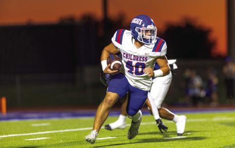 Childress’ Colton Teichelman (40) puts up yards for the Bobcats Friday, Sept. 27 on Veterans Field in Wichita Falls. The Local Texas/Nicole Dill