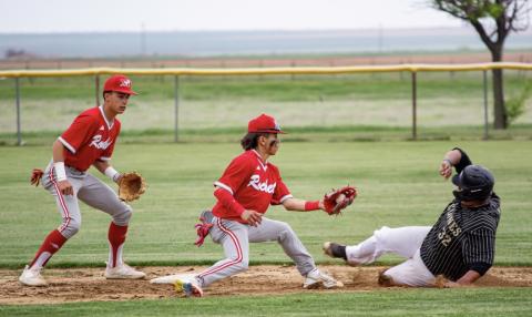 Senior Skyrocket pitcher TJ Salinas, alongside teammate Major Brown, gets the out at third base against the Memphis Cyclones for the district win. Salinas has been selected to play in the 2025 Native American All-Star Baseball Showcase, presented by the Native American Athletic Foundation in partnership with the Atlanta Braves. The Red River Sun/Shauna Salinas