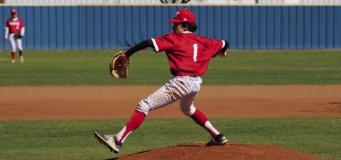 Skyrocket Major Brown (1) pitches to Sanford-Fritch during the Childress Tournament. The Rockets fell 16-0 to the Eagles. Coutesy Photo