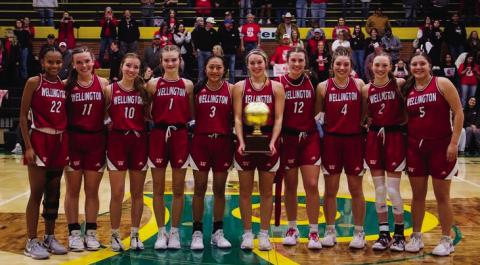 The Wellington Lady Rockets claim the 2A Division 1 UIL Bi-District Basketball Championship, upsetting the No. 12 state-ranked Stratford Lady Elks in an overtime 6966 final on Monday evening, Feb. 10 at Pampa High School. From left: Angela Lewis, Ceighley Killian, Brynlee Phillips, Kambrie Fisher, Leslie Rodriguez, Harlee Gomez, Brynlee Proffitt, Treylea Wiebe, Taytum Kane and Eryn Torrez. Not pictured: Coaches Shannon Fisher and Savannah Henderson. HZW Media