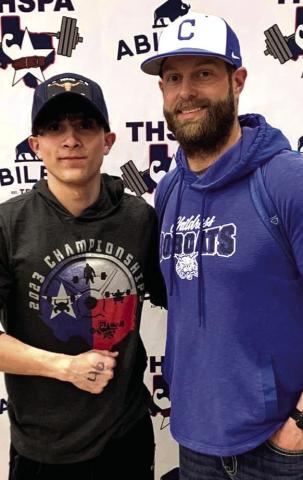 Junior Hicks, left, rounds out his junior season of powerlifting at the Texas High School Powerlifting Association (THSPA) Division 3 State Championship Friday, March 24. Hicks is coached by Matthew Olson, right. Courtesy Photo