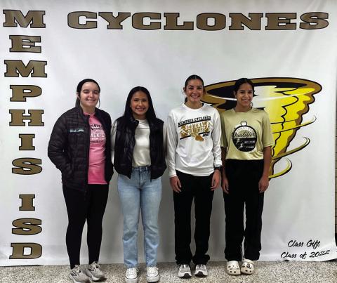 Memphis Lady Cyclones earn all-district volleyball honors, including Kali Murphy, first team all-district selection; Melanie Espinoza, second team all-district selection; Jaelyn Gaxiola, second team all-district selection; and Analise Graham, all-district honorable mention. Photos Courtesy of Memphis ISD