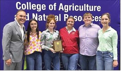 Wellington Future Farmers of America (FFA) Land Judging qualifies for the state Land Judging contest Wednesday, April 8 at the Area 1 Judging Contest at Tarleton State University (TSU) in Stephenville. From left: TSU President, Dr. James L. Hurley; Sophia Derr, second high individual; Bailey Page, sixth high individual; Jacy Lampe; Jace Darrow; Anna Henard. COURTESY PHOTO