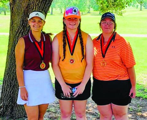 High school girls, from left: Jera Pinckard, Clarendon, first place; Neely Davis, Shamrock, second place; Kiera McGill, Altus, Okla., third place. Not pictured: Lillie Ollinger, Memphis, fourth place. Photos Courtesy of Greenbelt Jr. Golf Association