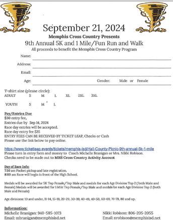 9th Annual 5K and One-Mile Fun Run andWalk to benefit Memphis Cross Country program