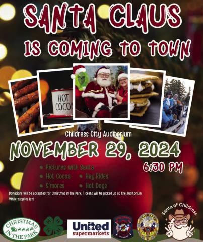 Following the Treasure Hunt, Santa Claus will be available for photo ops during Christmas in the Park’s Lighting of Fair Park at 6:30 p.m. today, Friday, Nov. 29 at the Fair Park City Auditorium. Graphic Courtesy of Santa of Childress