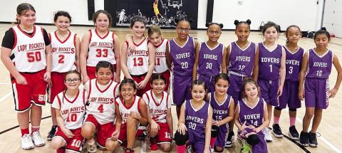 Two Wellington youth basketball teams, the Lady Rockets and the Xovers, battle against each other in the Altus, Okla. tournament on Saturday, Jan. 28. Front row, from left: Abbygale Torrez, Tylee Wiebe, Seveyah Pena, Mariah Medina, Summer Valles, Vivian Valles, Peyton Roberson. Second row, from left: Rachel Strickland, Kenzlea Taylor, Zeyah Culpepper, Quinn Roberson, Evey Henard, Aaliyah Coffee, Aubrey Coffee, Brilynn Coffee, Callahan Cantu, Alaeja Archie, Kesley Hamner. Courtesy Photo