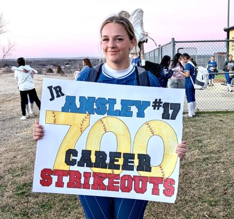 Childress’ Ansley Parr hits a career milestone of 700 strikeouts Friday, Feb. 20, as the Lady Cats compete in the Randall Tournament in Amarillo. Childress Bobcat Boosters