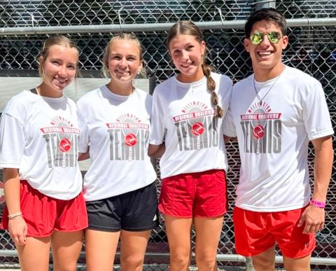 The girls’ doubles team of cousins Bryn Phillips and Oakley Folk and the mixed doubles team of Anna Dwyer and Noah Cantu compete at the UIL Region 1 Tournament Monday, April 20 in Amarillo. COURTESY PHOTO
