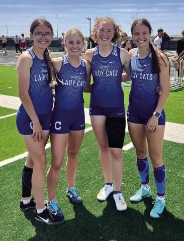 The Childress Lady Cat 4x400 team, including Hailey Holder, Kate Taylor, Chloe Carroll and Chloe Churchill, break a schoolrecord time with a first-place 4:03 run Friday, April 21 at the Bushland Regional Qualifiers Invitational. Courtesy Photo