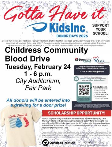 Support local schools at Childress Community Blood Drive thisTuesday