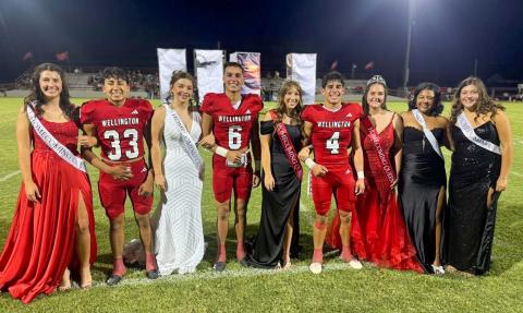 Presented during halftime at the Skyrockets versus Friona Chieftains football game, Wellington High School’s reigning 2025 homecoming royalty includes second runners-up Brynlee Proffitt and Joey Orozco, left, first runners-up Treylea Wiebe and Major Brown and Football Queen and King Bryn Phillips and Noah Cantu. Reigning Rocket Regiment royalty includes queen Bailey Steagall, first runner-up Jasmin Moreno and second runner-up Eryn Torrez. See additional photos, page 4B. Wellington High School