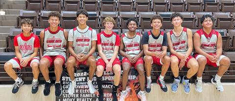 The varsity Wellington Skyrockets, including TJ Salinas, left, Bryant Tarver, Brenden Garcia, Carson Tarver, Travon Lewis, Braylon Tarver, Darrius McDaniel and Fabian Pina, went 8-1 in the Elk City basketball tournament last week, playing Monday, July 19-Wednesday, July 21.