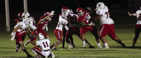 Wellington’s offensive line, including TJ Salinas (11), Major Brown (6), Noah Cantu (4), Kingston Molina (51), RJ Granadoz (60), Nick Nevarez (79) and Caleb Strickland (8), hold Friona to only one touchdown Friday night, Sept. 13 for the 42-7 win. The Red River Sun/Shauna Salinas