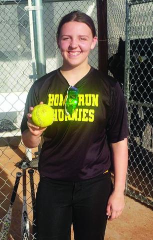 Landry Hunter, a member of the Homerun Hunnies, knocks the first homerun on the newly renovated Risenhoover Field. Courtesy Photo