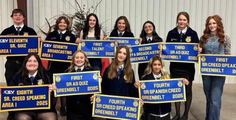 On Monday, Dec. 8, members of Wellington Future Farmers of America (FFA) traveled to Clarendon to attend the Greenbelt District Banquet. Accompanied by Advisor Drew Taylor, the students proudly received their banners from the Leadership Development Events (LDE) contests held in November. Front row, from left: Audrey Bowen, Allie Duncan, Anna Henard, Jazmyn Garcia. Back row, from left: Hunter Hedrick, Jacy Lampe, Kenady Skelton, Brylnn Kemp, Sophia Derr, Ellie Thomas, Bailey Page. Wellington High School
