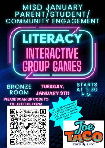 A Memphis Independent School District (ISD) Parent, Student and Community Engagement event, including interactive literacy group games, will be held at 5:30 p.m. Tuesday, Jan. 9 in the First Bank and Trust Bronze Room. To attend, scan the QR code and fill out the provided form. Graphic Courtesy of Memphis ISD
