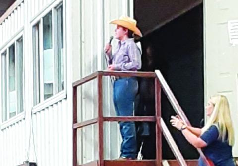 Monson Music Studio’s Ava Barlow, the 12-year-old granddaughter of Kerry and Melissa Barlow, of Quail, performs the national anthem at the Childress County 4-H Horse Club Playday last Sunday, Nov. 24 at the Mashburn Event Center and Arena. Courtesy Photo