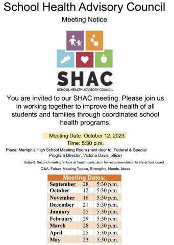 The Memphis Independent School District (ISD) School Health Advisory Council will host a meeting at 5:30 p.m. Thursday, Oct. 12 in the Memphis High School Meeting Room. At the meeting, attendees will look at health curriculum for recommendation to the school board, as well as discuss future meeting topics, strengths, needs and ideas. All Memphis ISD families are invited to attend, according to Memphis ISD Federal and Special Program Director Victoria Davis. Graphic Courtesy of Memphis ISD