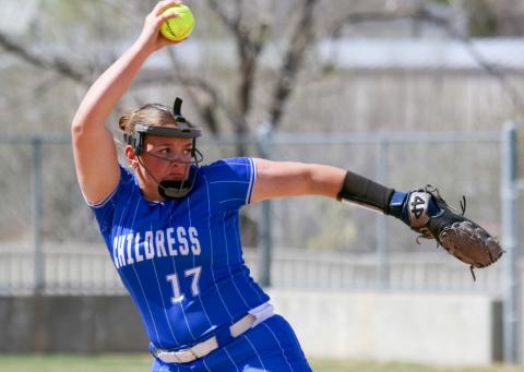 Childress’ Ansley Parr strikes out 13 hitters in the Lady Cats’ 11-1 victory over River Road Friday, March 20 in Amarillo. Press Pass Sports/Tyler Anderson