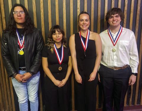 Memphis High School One Act Play performers earn accolades in the bi-district round, held Wednesday, March 27 in Wellington. Despite not advancing, Julian Ross received All-Star Cast, Angelica Trevino received Best Technical, Macaela Graham received Honorable Mention All-Star Cast and Chance Richardson received Honorable Mention Cast with the performance of “The Girl In The White Pinafore.” Photo Courtesy of Memphis ISD