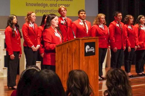 Texas Family, Career and Community Leaders of America (FCCLA) Region 1 President Kimi Ward, of Childress, along with the Region 1 Officer Team, hosts the Welcome and Awards Sessions at the FCCLA Region 1 Leadership Conference in Lubbock. Photos Courtesy of Childress FCCLA