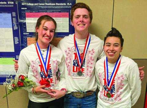Memphis High School One Act Play seniors Maggie Cook, left, Carson Smith and Corrina Torres receive awards at the recent One Act Play District 2-AA competition Thursday, March 2 in Wellington. Cook was named to the All-Star Cast, while Smith was named to the Honorable Mention All-Star Cast, and Torres was named to the Outstanding Tech Crew. Photo Courtesy of Memphis ISD