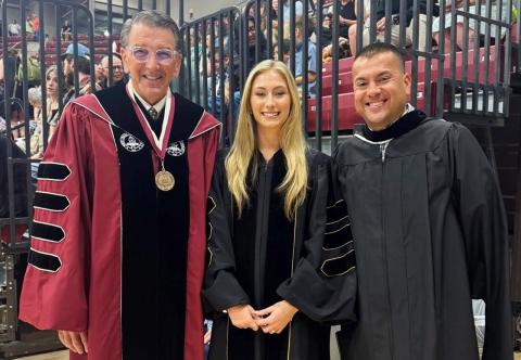 West Texas A&amp;M University President Dr. Walter V. Wendler, left, Student Body President Kyal Browne and Wellington High School Principal Jermaine Cantu pause for a photo prior to the West Texas A&amp;M University graduation ceremonies, where Cantu delivered the Alumni Charge at all four graduation proceedings. West Texas A&amp;M University