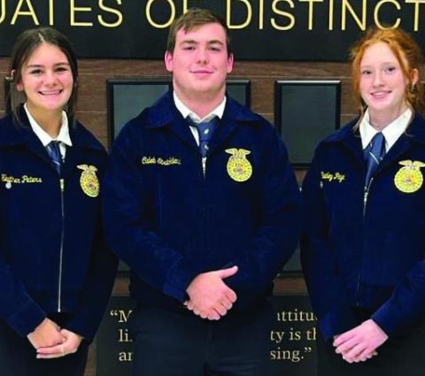 In Farm Radio Broadcasting, Wellington High School junior Heather Peters, left, senior Caleb Strickland and sophomore Bailey Page comprise the sixth-place team. Photos Courtesy of Wellington FFA