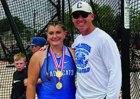 Childress’ Taylor Wiseman secures two regional championships, advancing to the 2025 UIL State Track and Field Championships in discus and shot put. Courtesy Photo