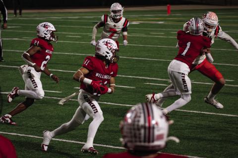 Skyrocket senior TJ Salinas (11) takes the handoff during Wellington’s 36-0 bi-district win against Petrolia Nov. 14 at Lawton, Okla. Salinas has been selected to play in the 2025 Native American All-Star Game, presented by Native American Athletic Foundation in partnership with the National Football League. The Red River Sun/Shauna Salinas