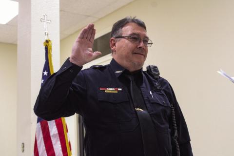 Childress Police Department Chief Jerrald Johnson is sworn in Monday, Jan. 13 at Fair Park City Auditorium. The Red River Sun/Elizabeth Tanner